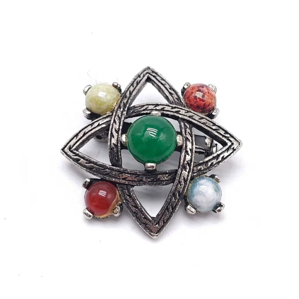 Vintage Silver Tone Celtic Knot Brooch With Multicolor Gemstone Accents
